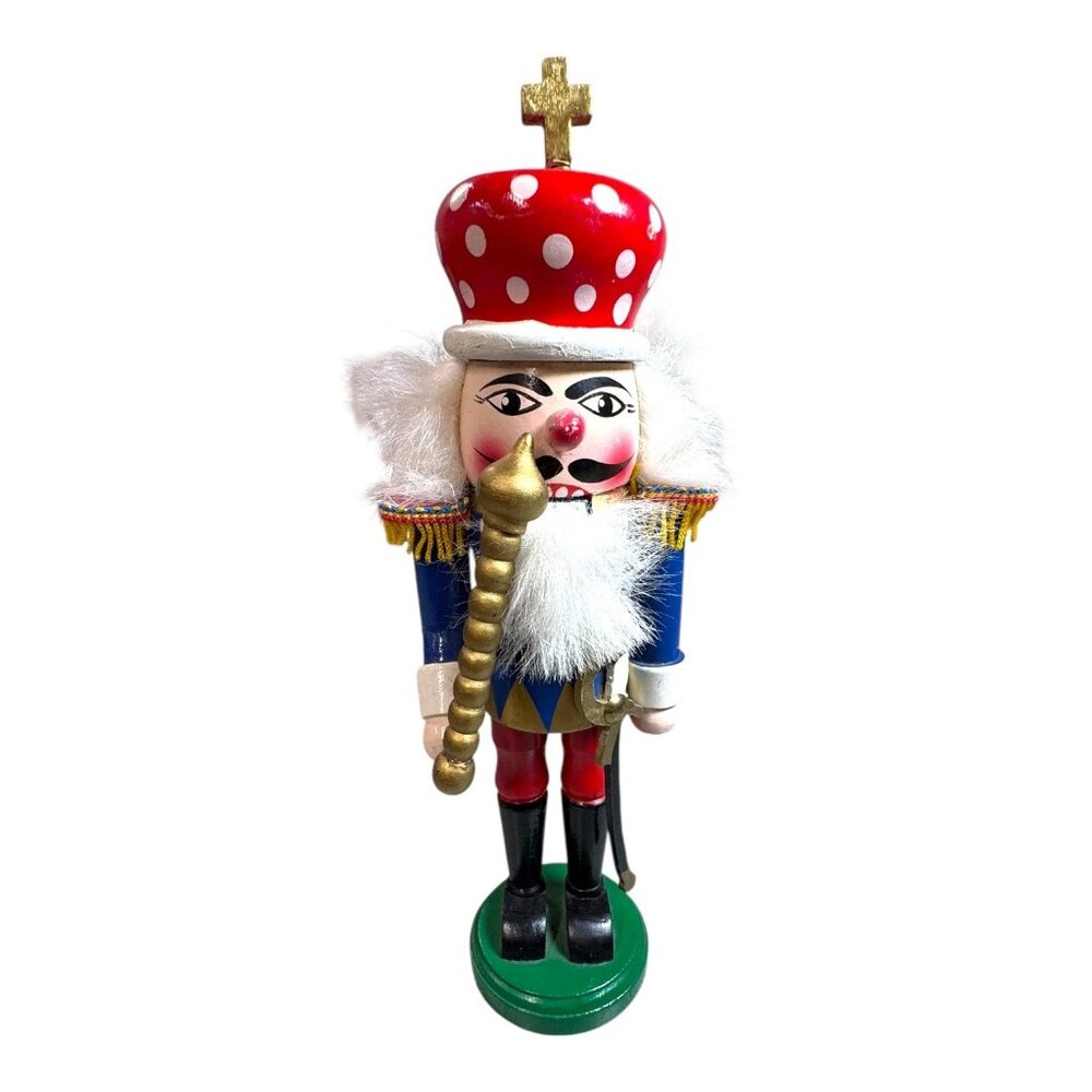 Vintage Wooden Nutcracker Toy Soldier King Figurine Red Polka Dot Hat Gold Staff